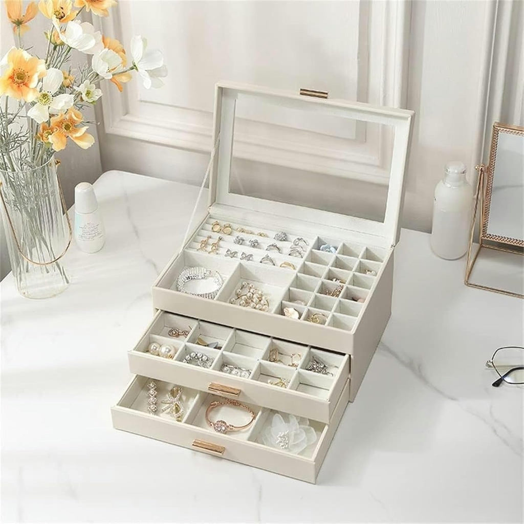 Boîte À Bijoux En Cuir Blanc -  2 Tiroirs