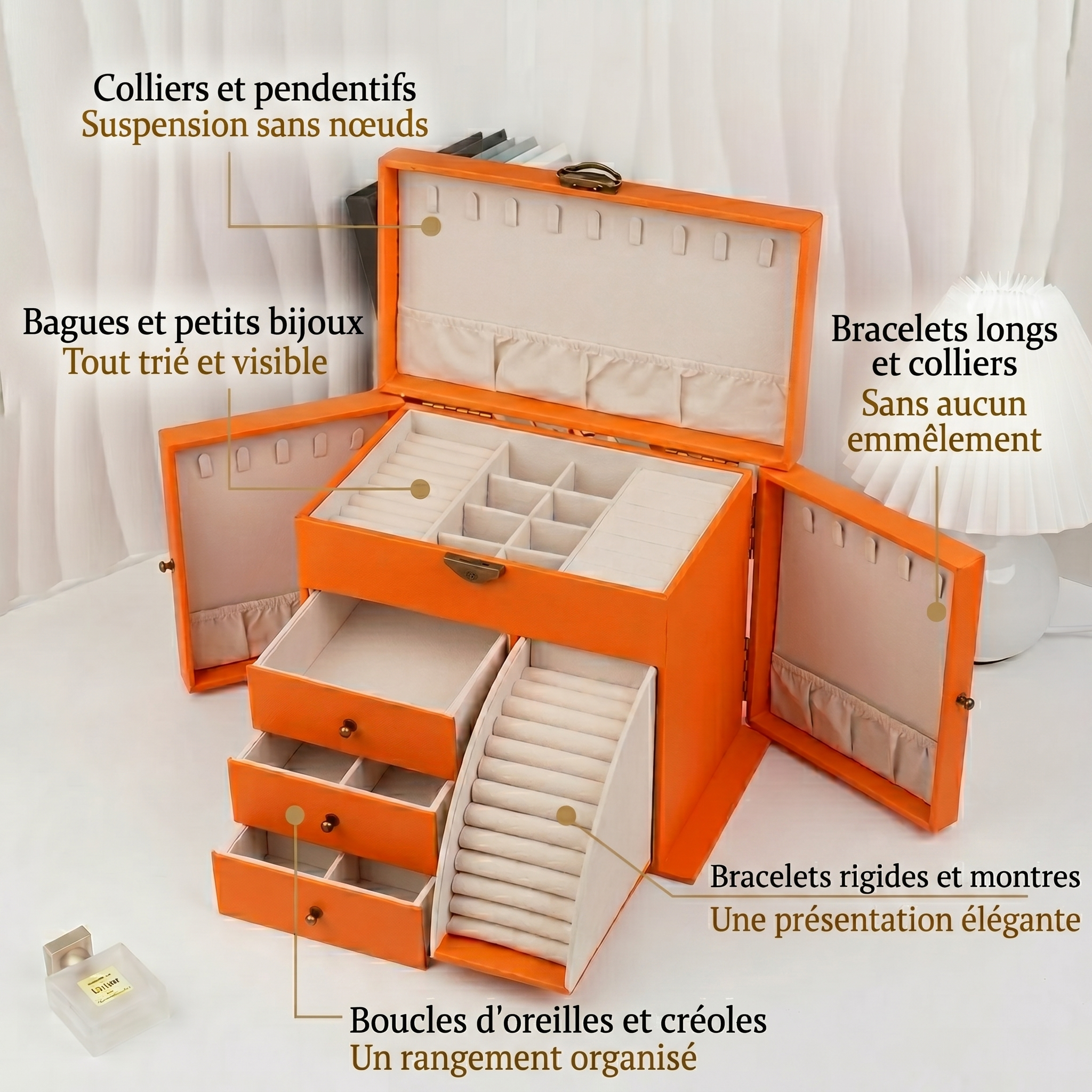 Boîte à Bijoux Grande Capacité avec Tiroirs et Compartiments