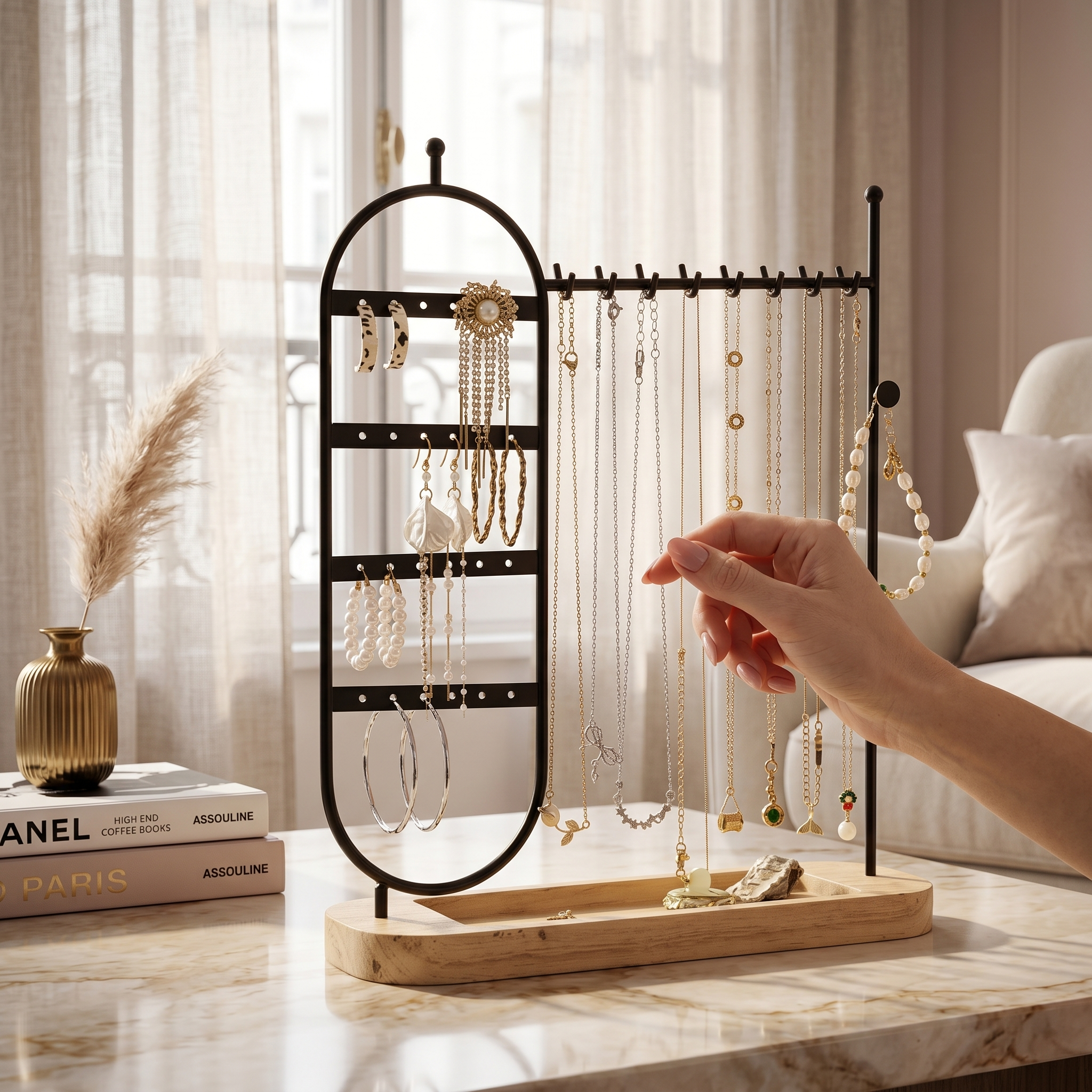 Porte-Bijoux En Métal Avec Base En Bois
