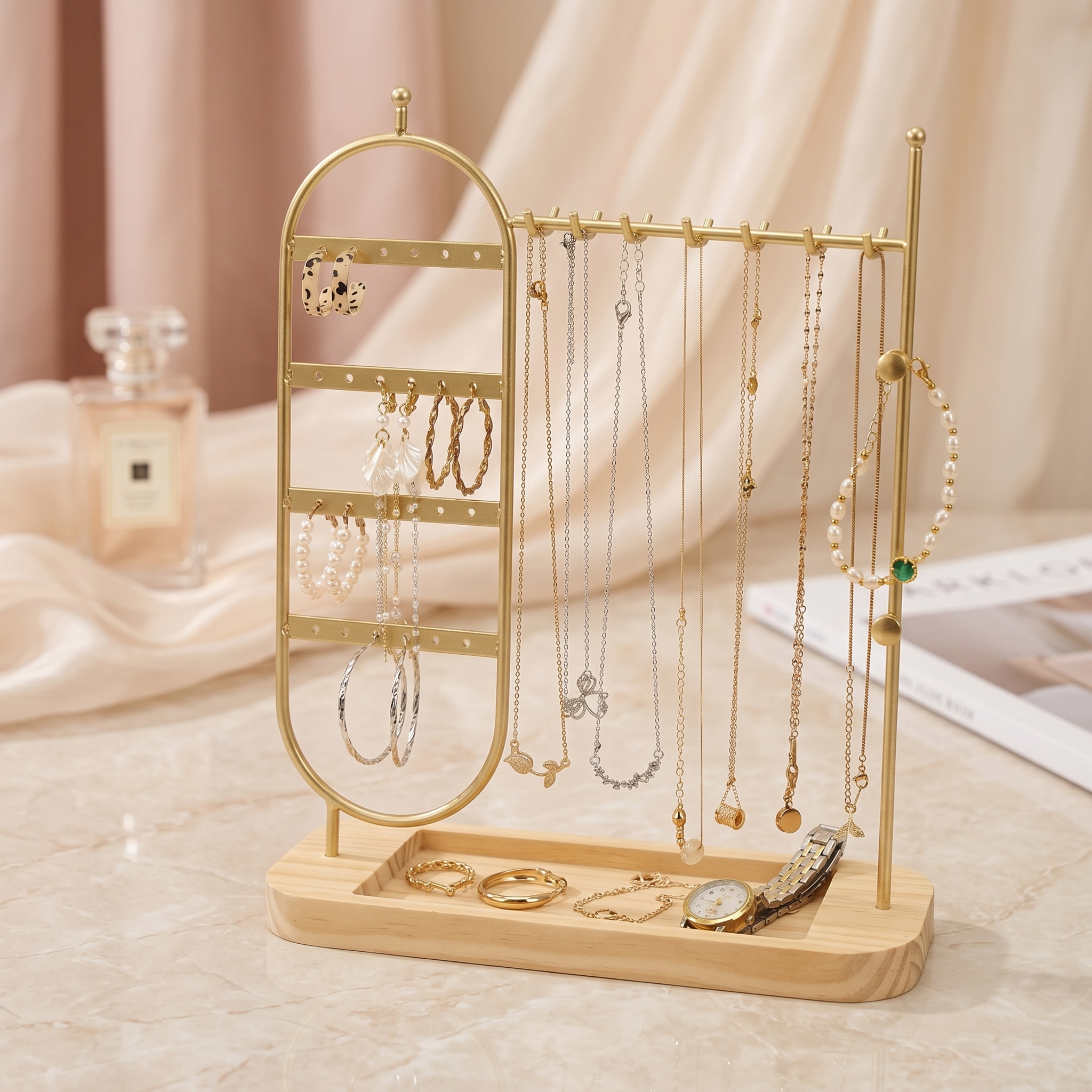 Porte-Bijoux En Métal Avec Base En Bois