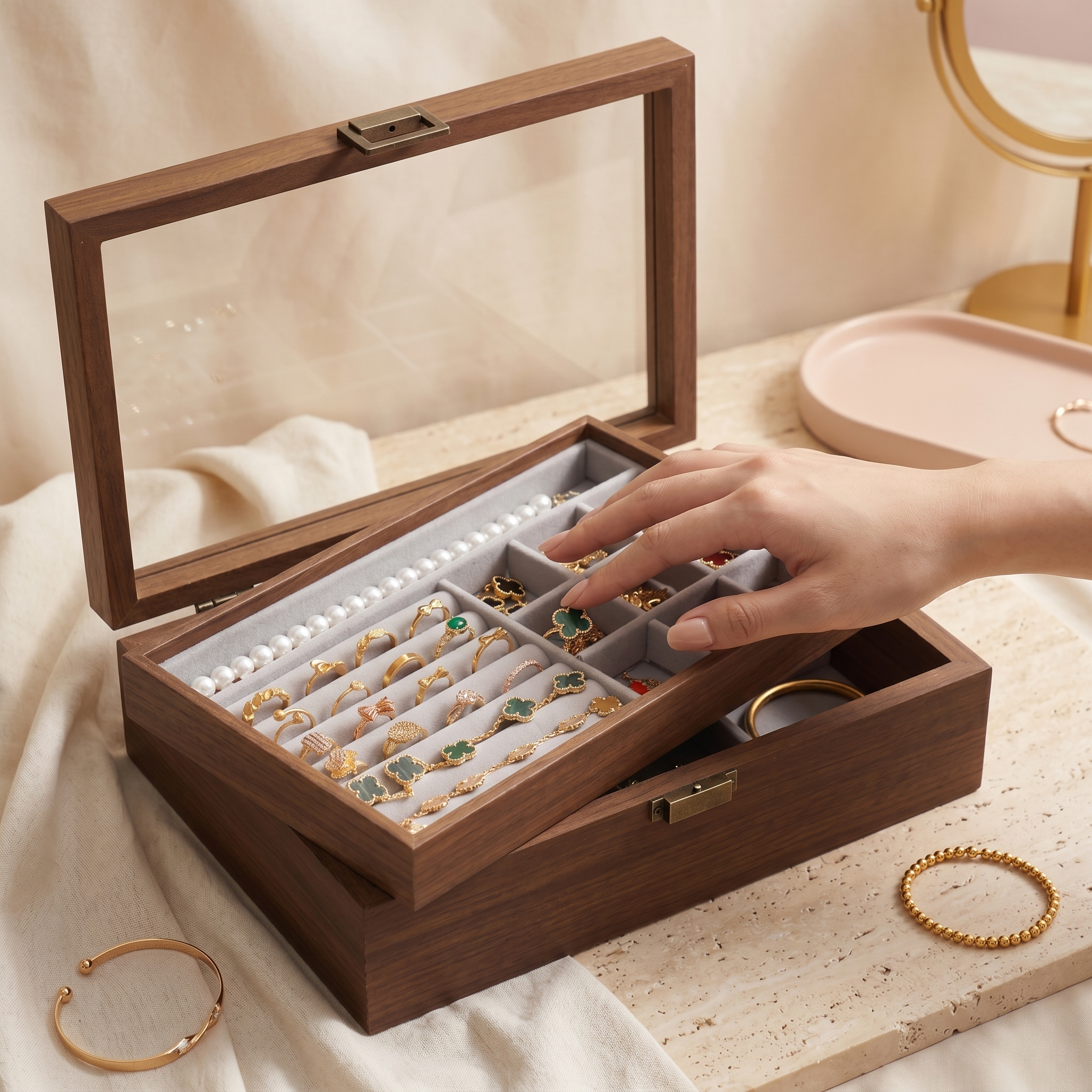 Boîte À Bijoux En Bois Foncé À Double Plateau