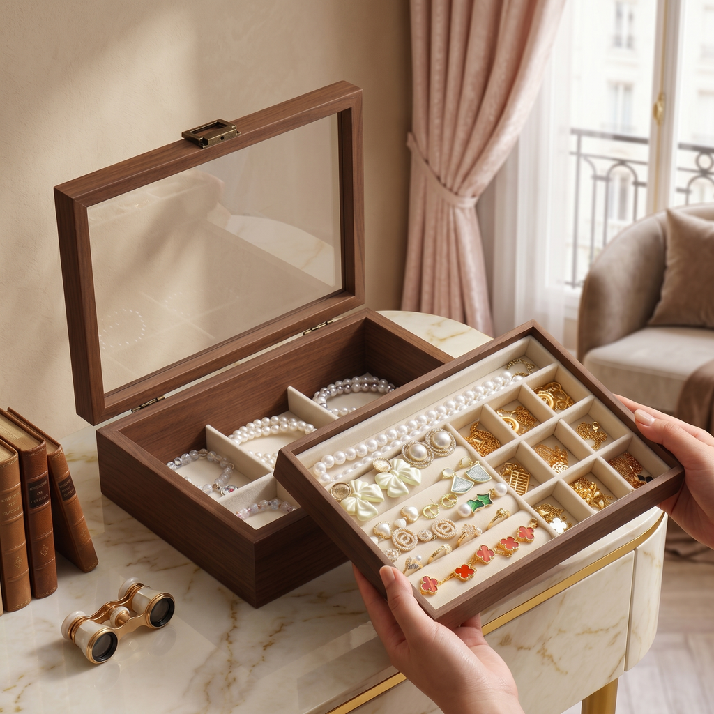 Boîte À Bijoux En Bois Foncé À Double Plateau