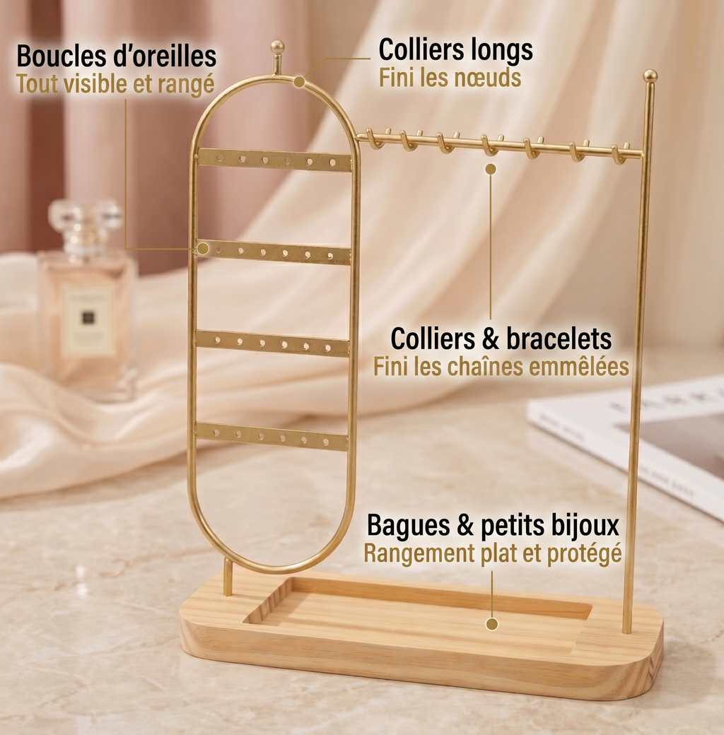 Porte-Bijoux En Métal Avec Base En Bois