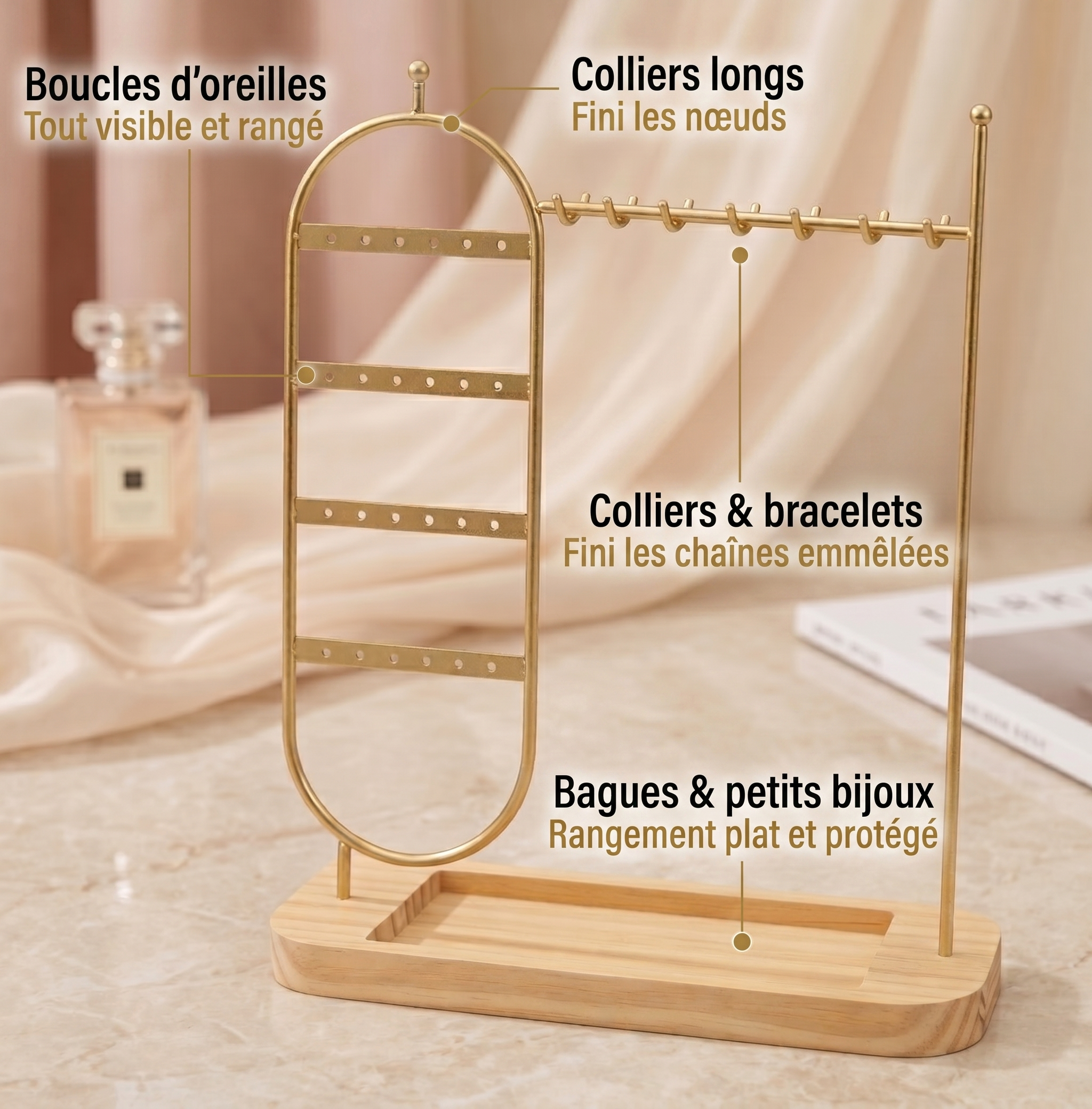 Porte-Bijoux En Métal Avec Base En Bois