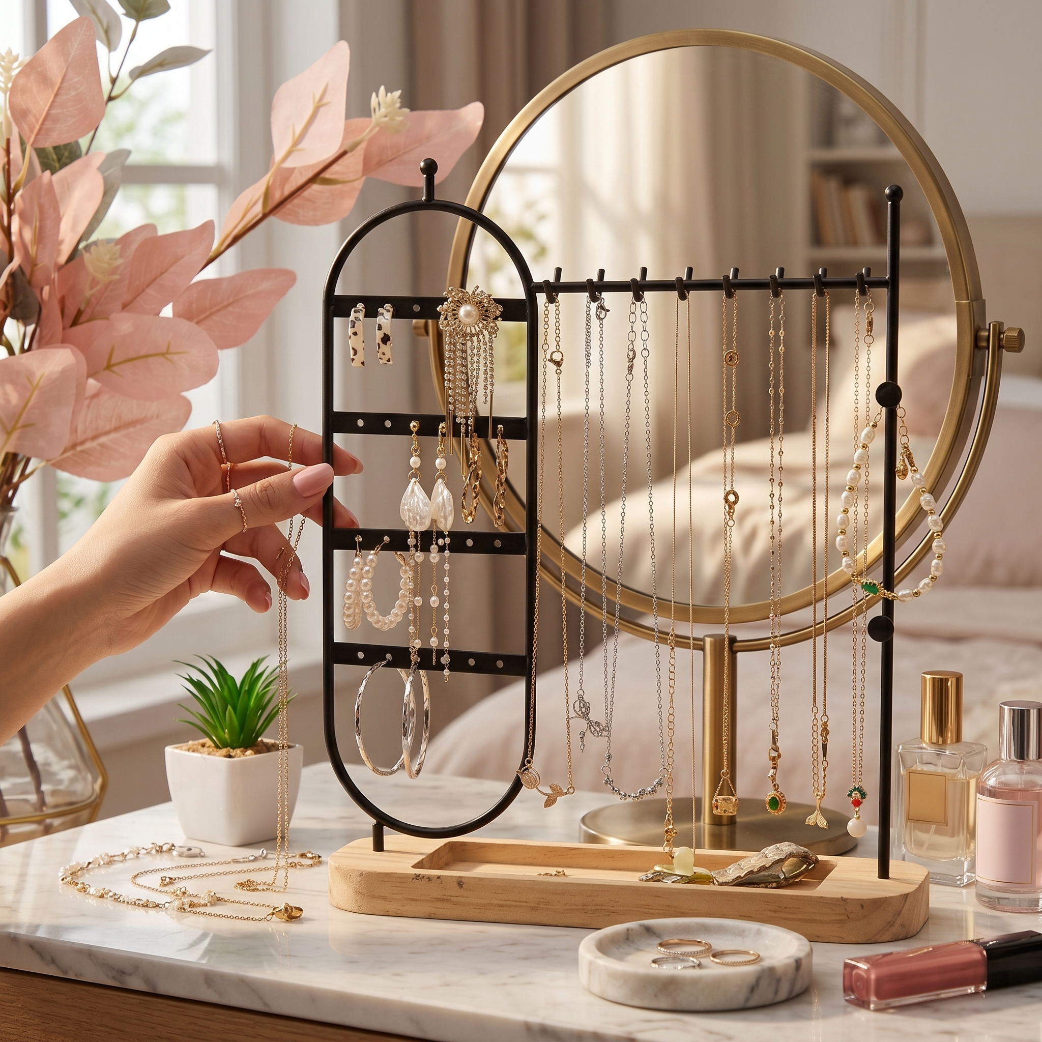 Porte-Bijoux En Métal Avec Base En Bois