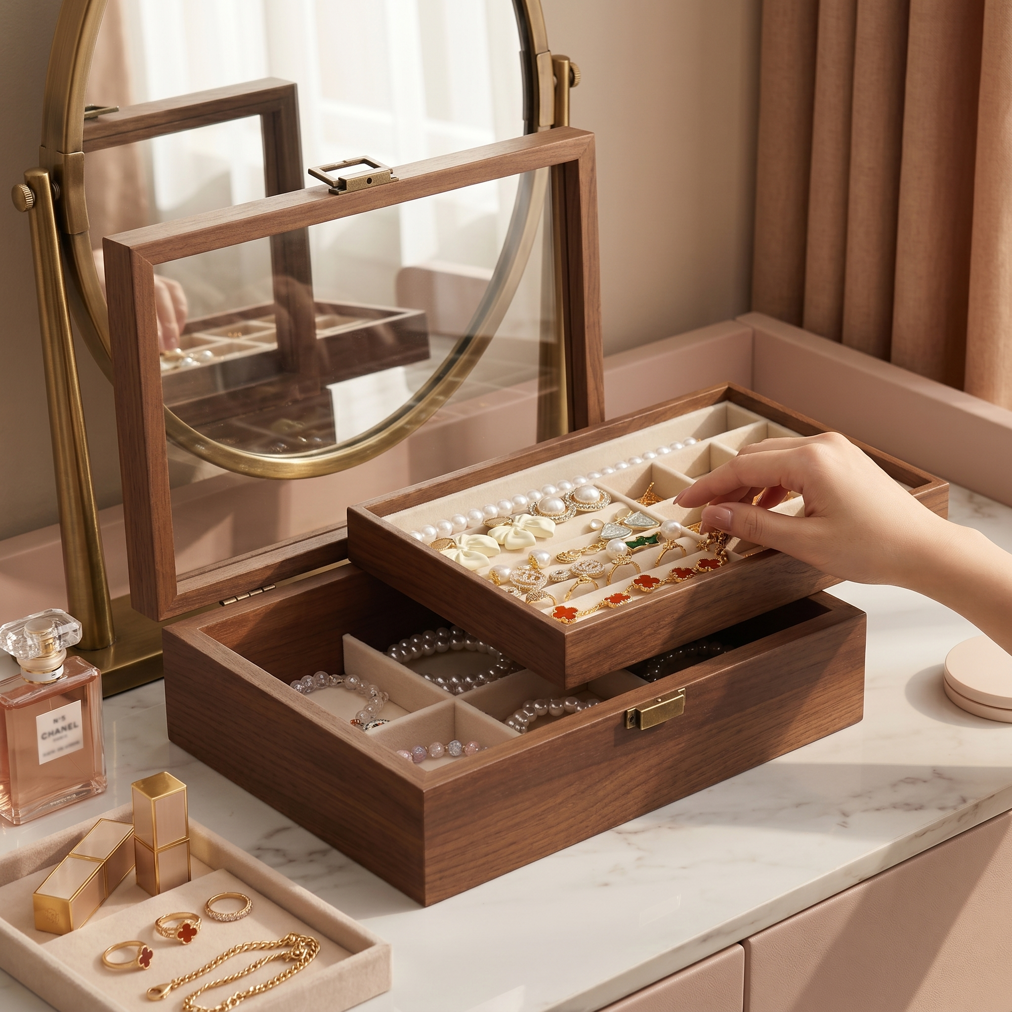 Boîte À Bijoux En Bois Foncé À Double Plateau