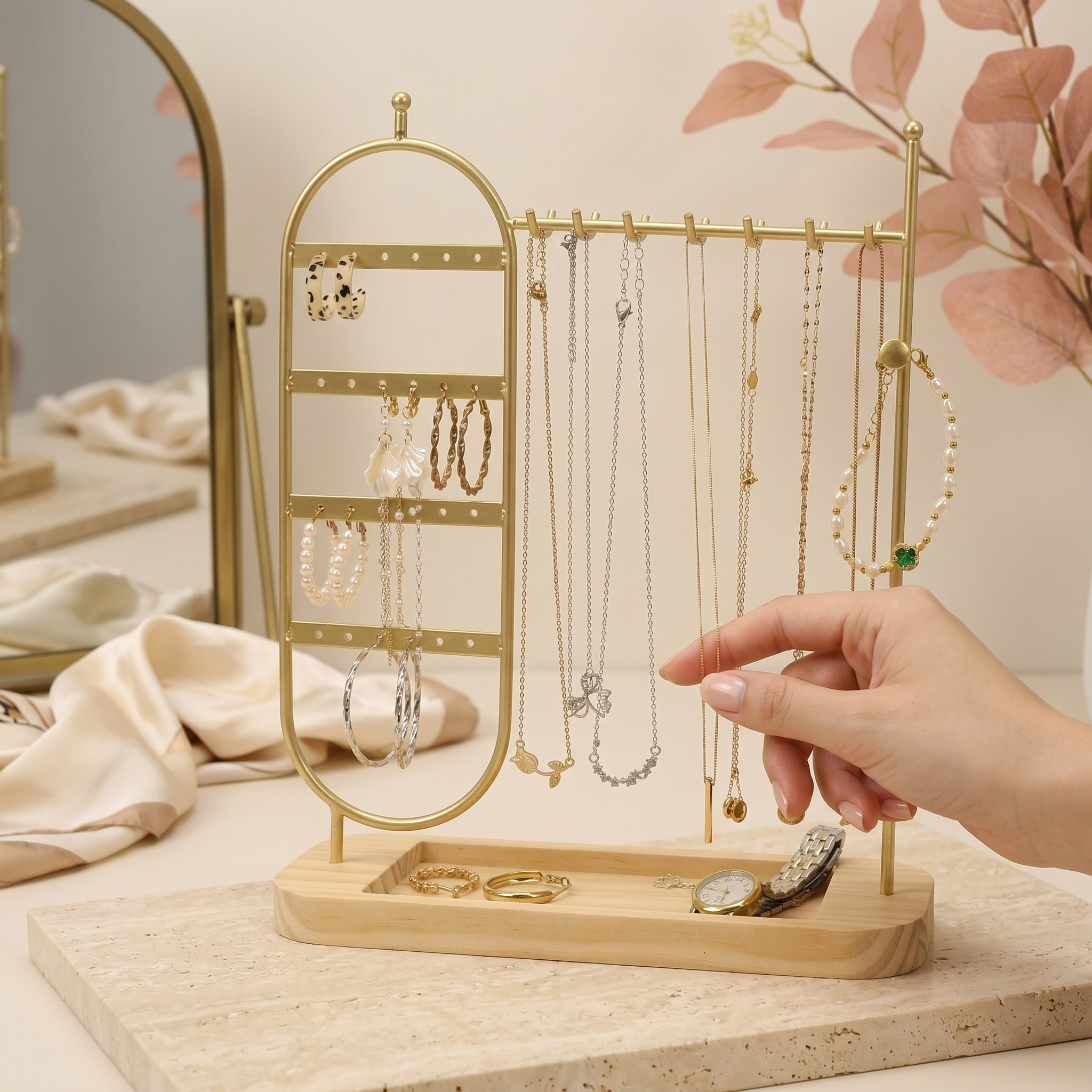 Porte-Bijoux En Métal Avec Base En Bois