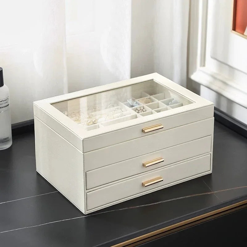 Boîte À Bijoux En Cuir Blanc -  2 Tiroirs