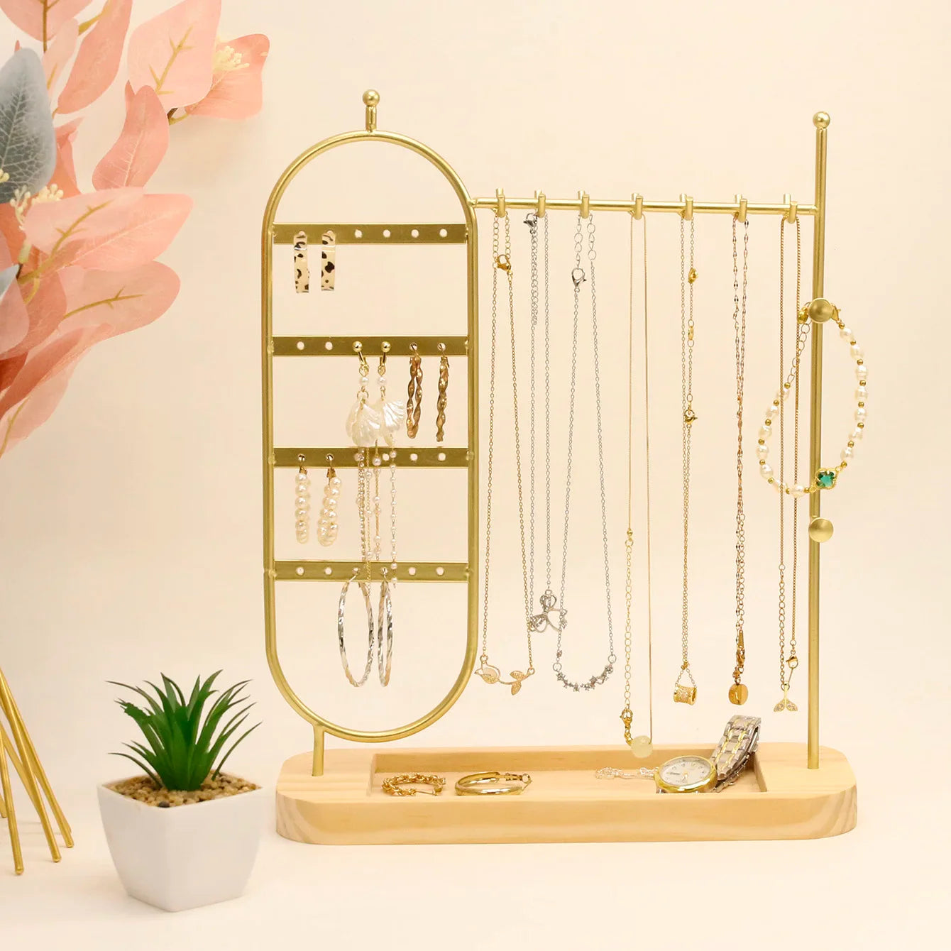 Porte-Bijoux En Métal Avec Base En Bois